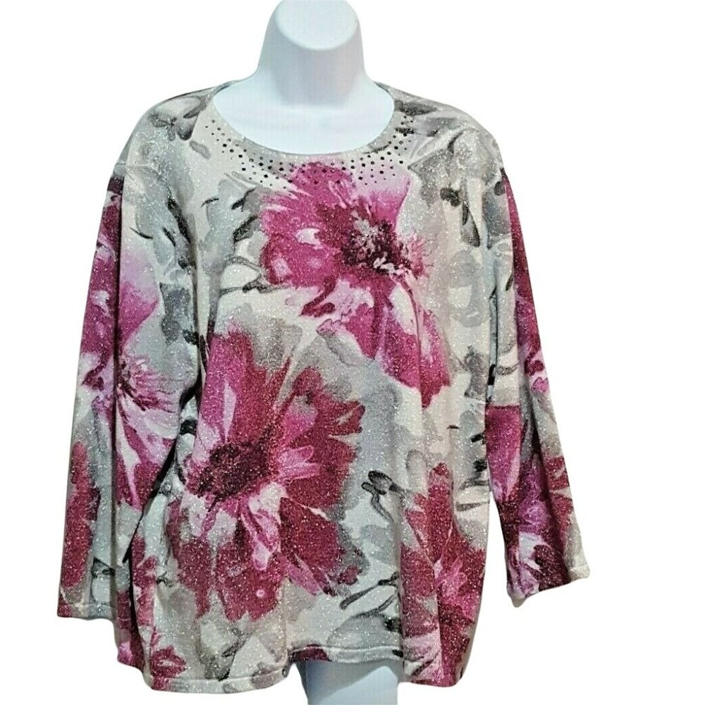 Alfred Dunner Women's Top XL Stretch Knit Rhinestone Metallic Floral Pink Silver